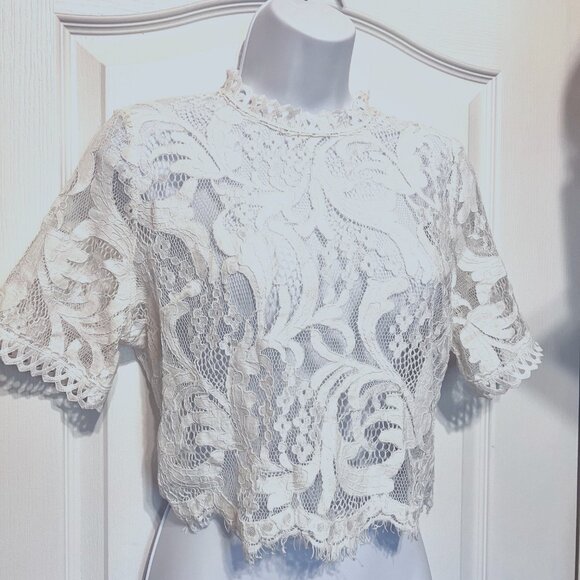Peach Tops - Peach Women's Lace Cropped Top-Distressed Bottom-Sz. Med.-White-See thru-Embroid